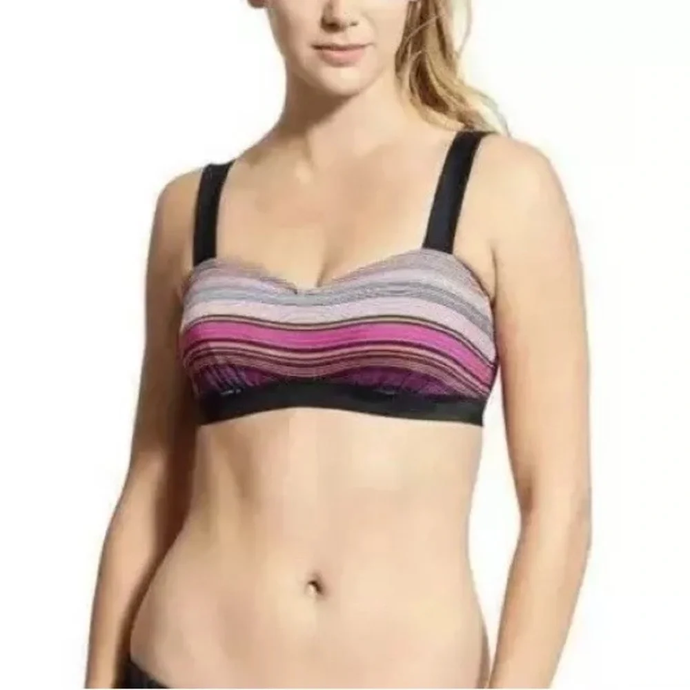 Athleta Capri Stripe Pura Bikini Top Underwire Black Coral Yellow 32B/C Swim